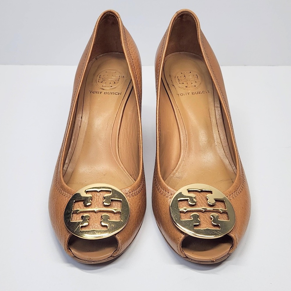 Tory Burch Shoes Womens Size 9** Brown Leather Peep Toe Wedge Logo Pumps - Picture 5 of 15